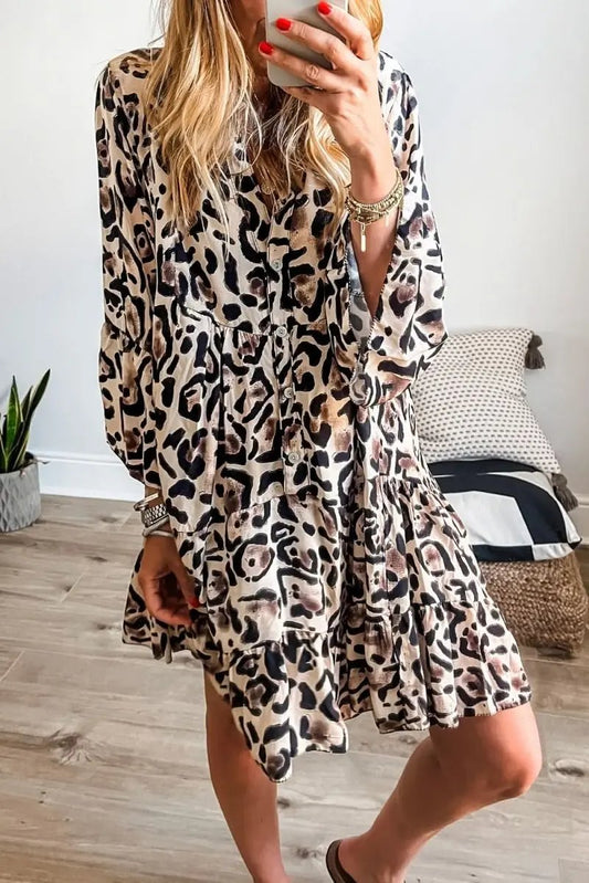 Love Salve Leopard Dress Women's Daily Spring A-Line Mini Dress Ruffle Hem, Button Front
