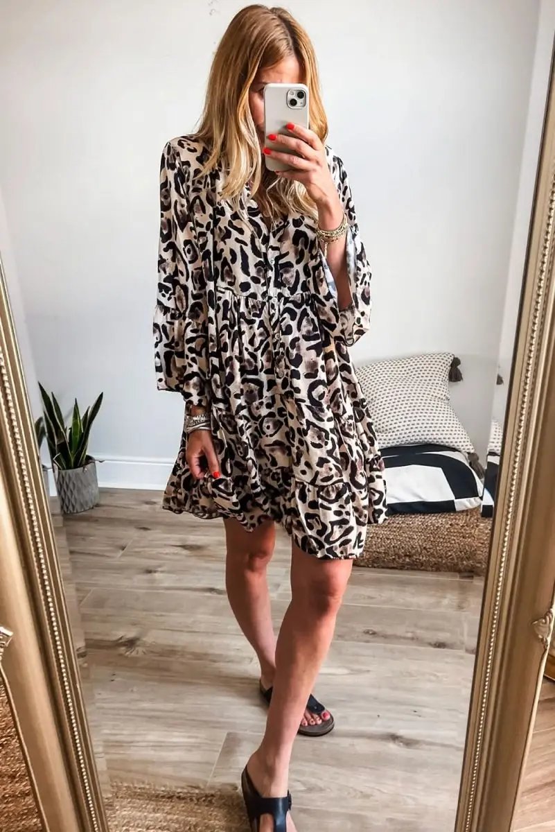 Love Salve Leopard Dress Women's Daily Spring A-Line Mini Dress Ruffle Hem, Button Front