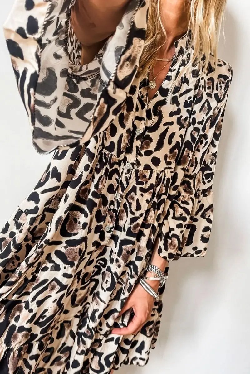 Love Salve Leopard Dress Women's Daily Spring A-Line Mini Dress Ruffle Hem, Button Front