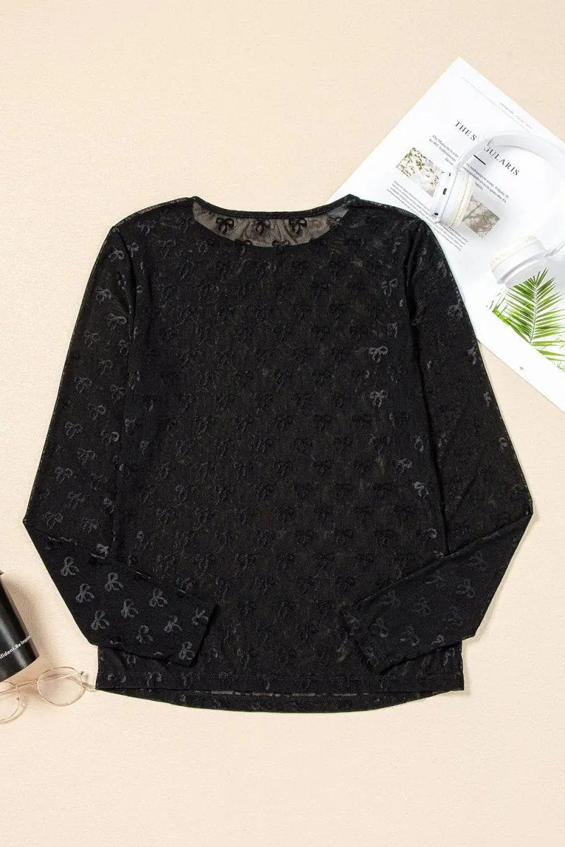 Love Salve Black Mesh Bow Top Women's Daily Wear Sheer Long Sleeve Shirt