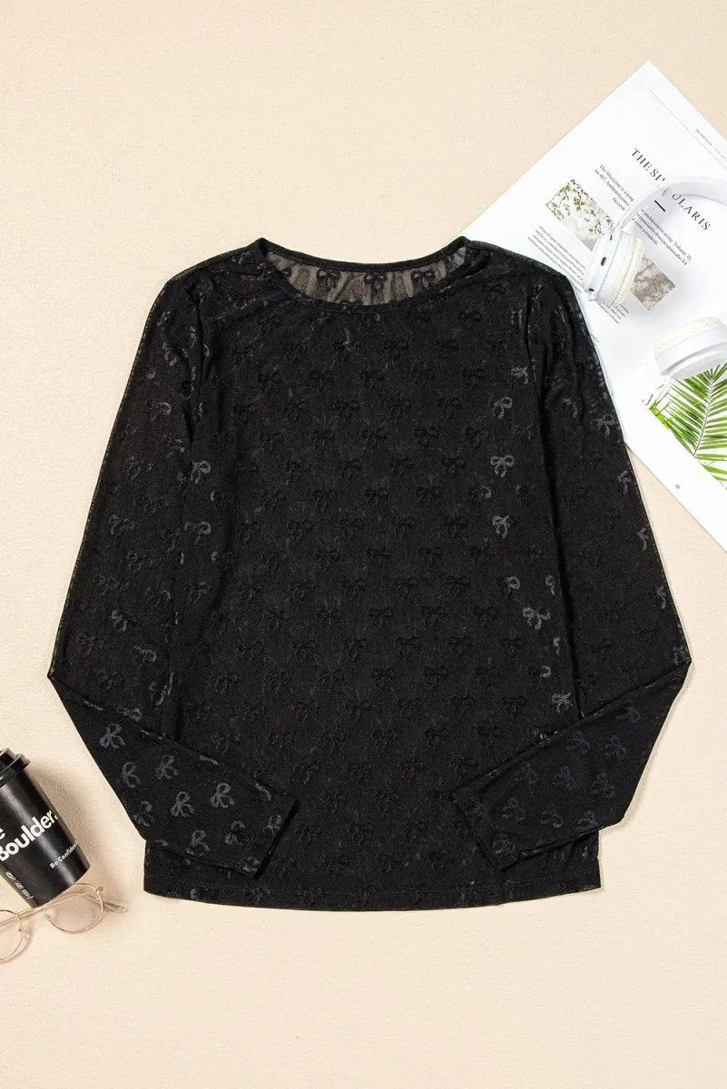 Love Salve Black Mesh Bow Top Women's Daily Wear Sheer Long Sleeve Shirt