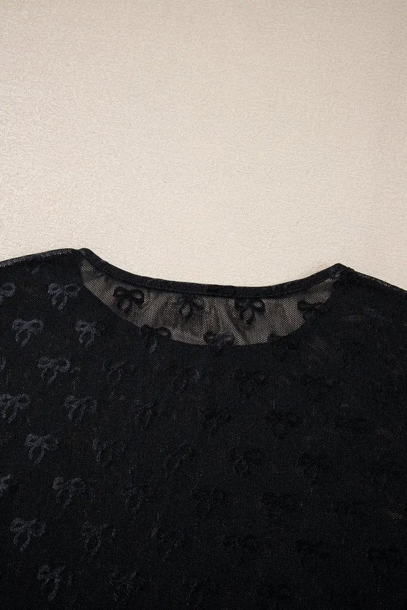 Love Salve Black Mesh Bow Top Women's Daily Wear Sheer Long Sleeve Shirt