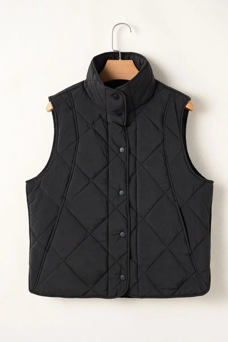 Love Salve Black Quilted Vest Women's Daily Casual Winter Layering Top