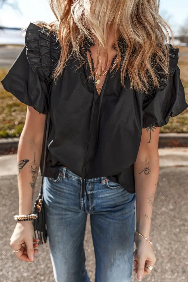 Love Salve Black Ruffle Blouse Women's Daily Cotton Linen Top: Puff Sleeve, Southern Belle