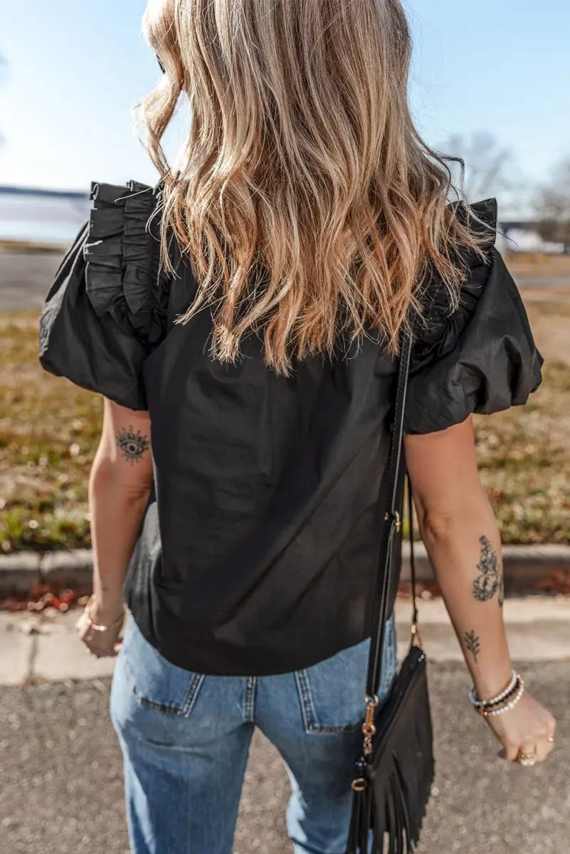 Love Salve Black Ruffle Blouse Women's Daily Cotton Linen Top: Puff Sleeve, Southern Belle