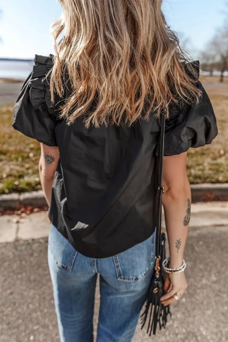 Love Salve Black Ruffle Blouse Women's Daily Cotton Linen Top: Puff Sleeve, Southern Belle