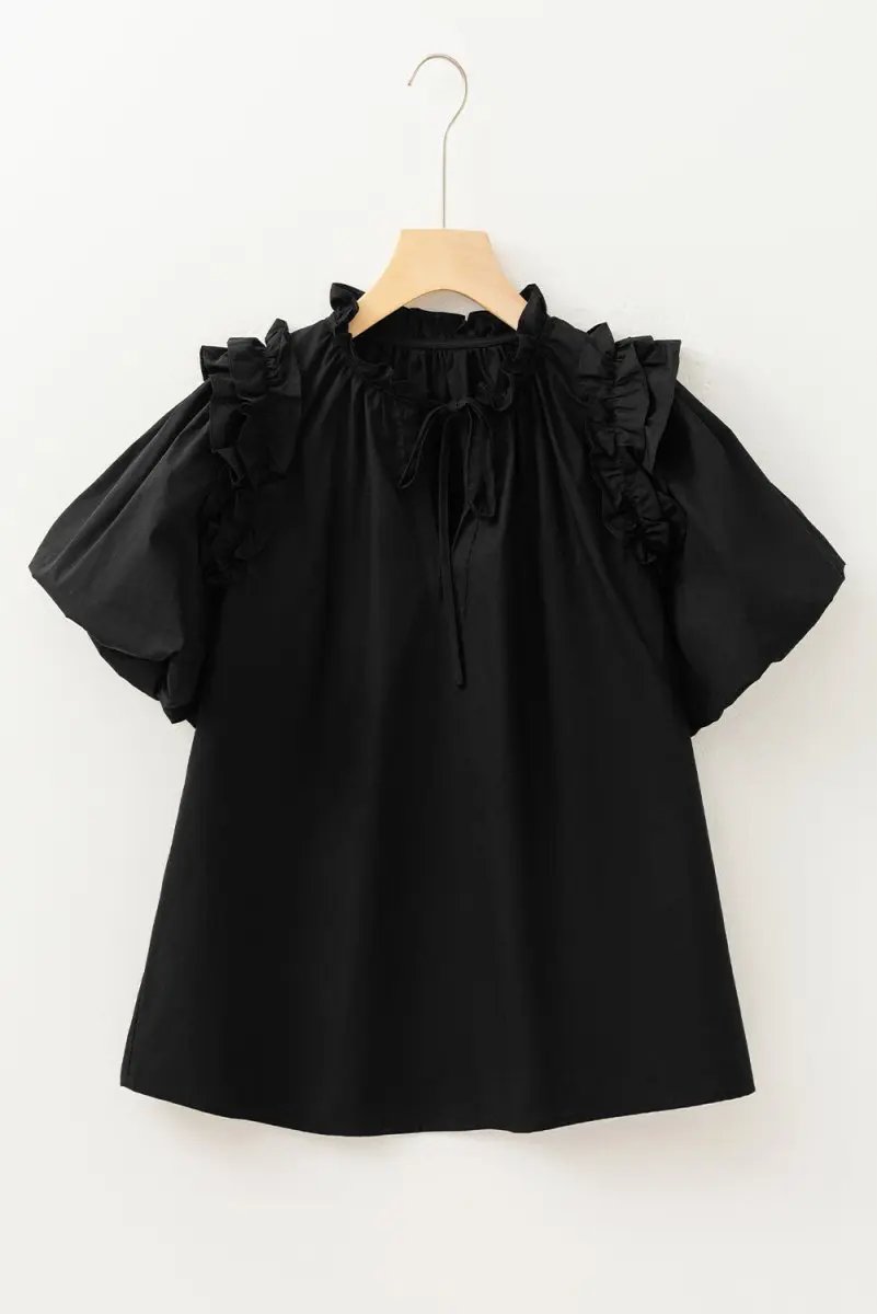 Love Salve Black Ruffle Blouse Women's Daily Cotton Linen Top: Puff Sleeve, Southern Belle
