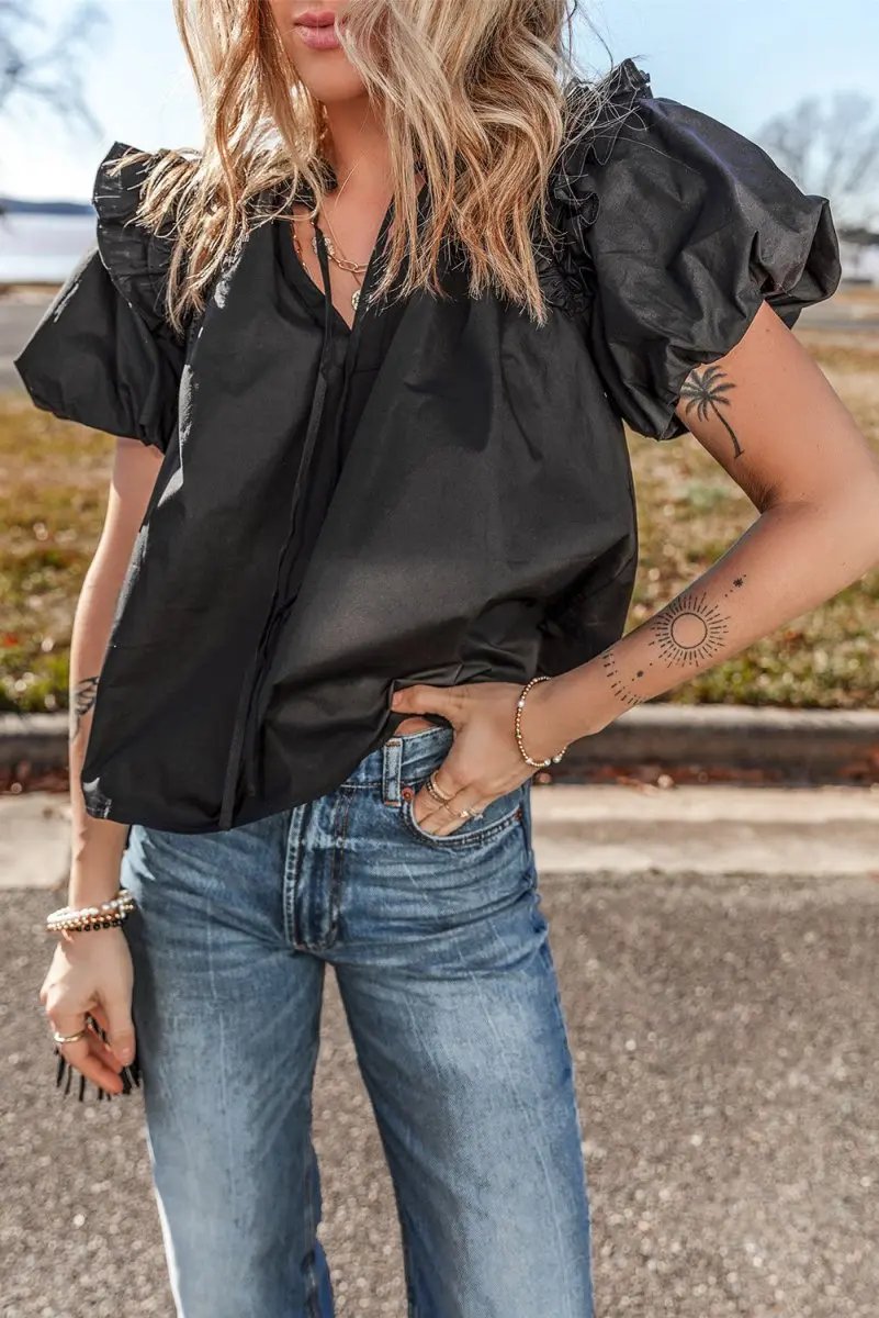 Love Salve Black Ruffle Blouse Women's Daily Cotton Linen Top: Puff Sleeve, Southern Belle