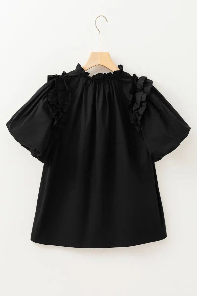Love Salve Black Ruffle Blouse Women's Daily Cotton Linen Top: Puff Sleeve, Southern Belle