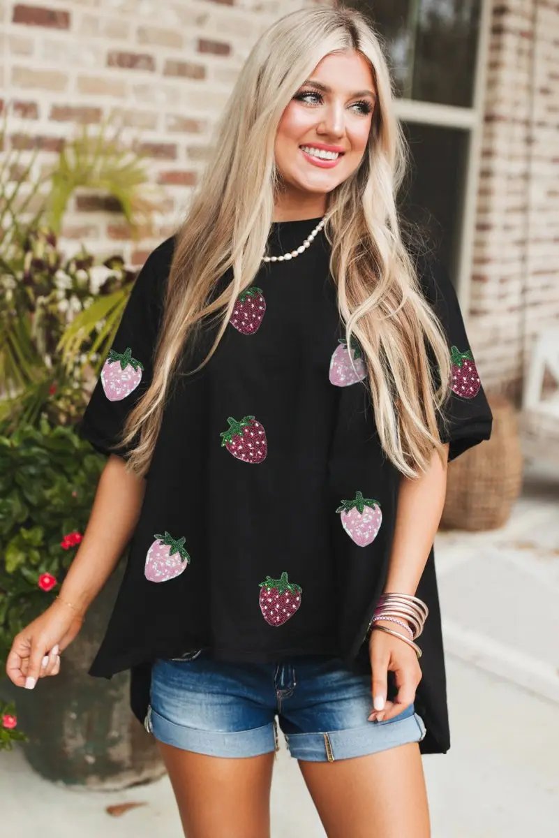 Women's Tee - Sequin Strawberry - Relaxed Fit
