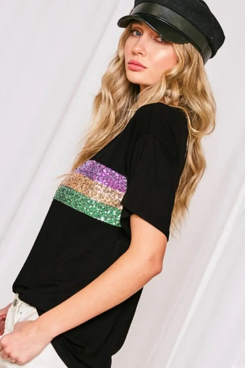 Love Salve Sequin Stripe Mardi Gras Women's Crew Neck Tee Casual Top Sparkly