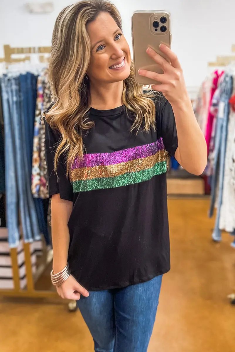 Love Salve Sequin Stripe Mardi Gras Women's Crew Neck Tee Casual Top Sparkly