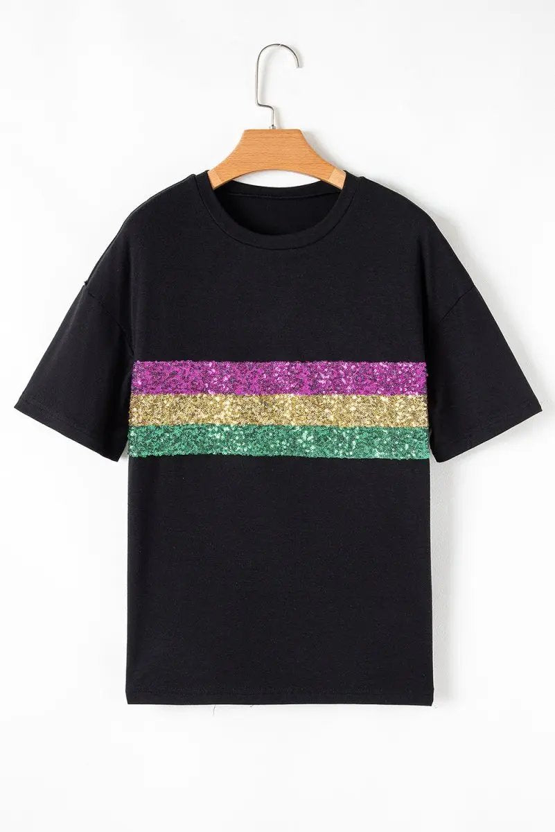 Love Salve Sequin Stripe Mardi Gras Women's Crew Neck Tee Casual Top Sparkly