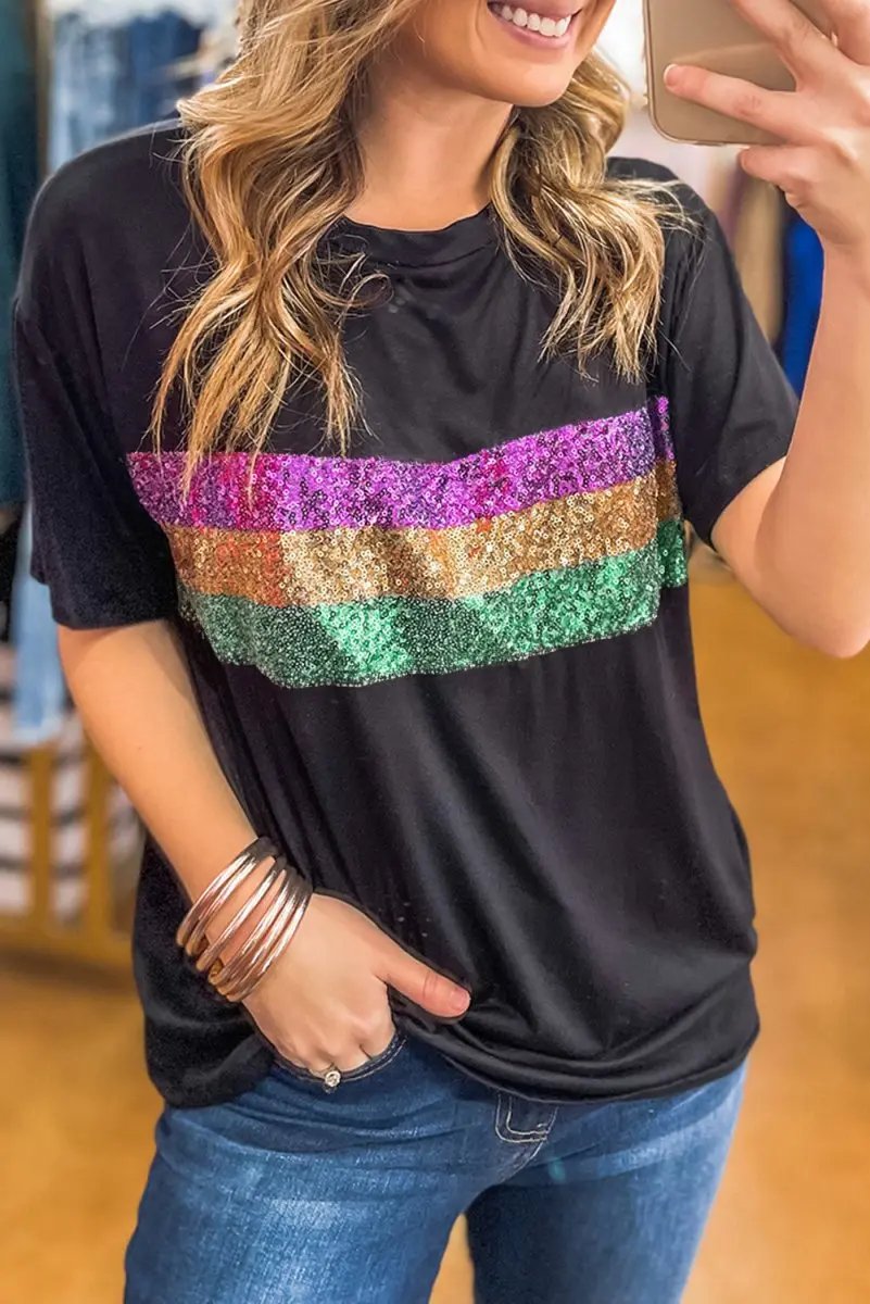 Love Salve Sequin Stripe Mardi Gras Women's Crew Neck Tee Casual Top Sparkly