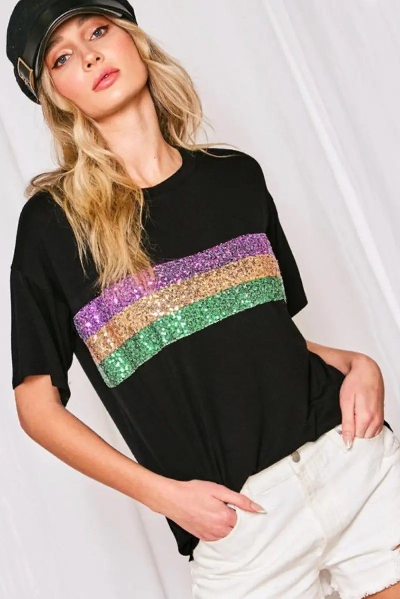 Love Salve Sequin Stripe Mardi Gras Women's Crew Neck Tee Casual Top Sparkly