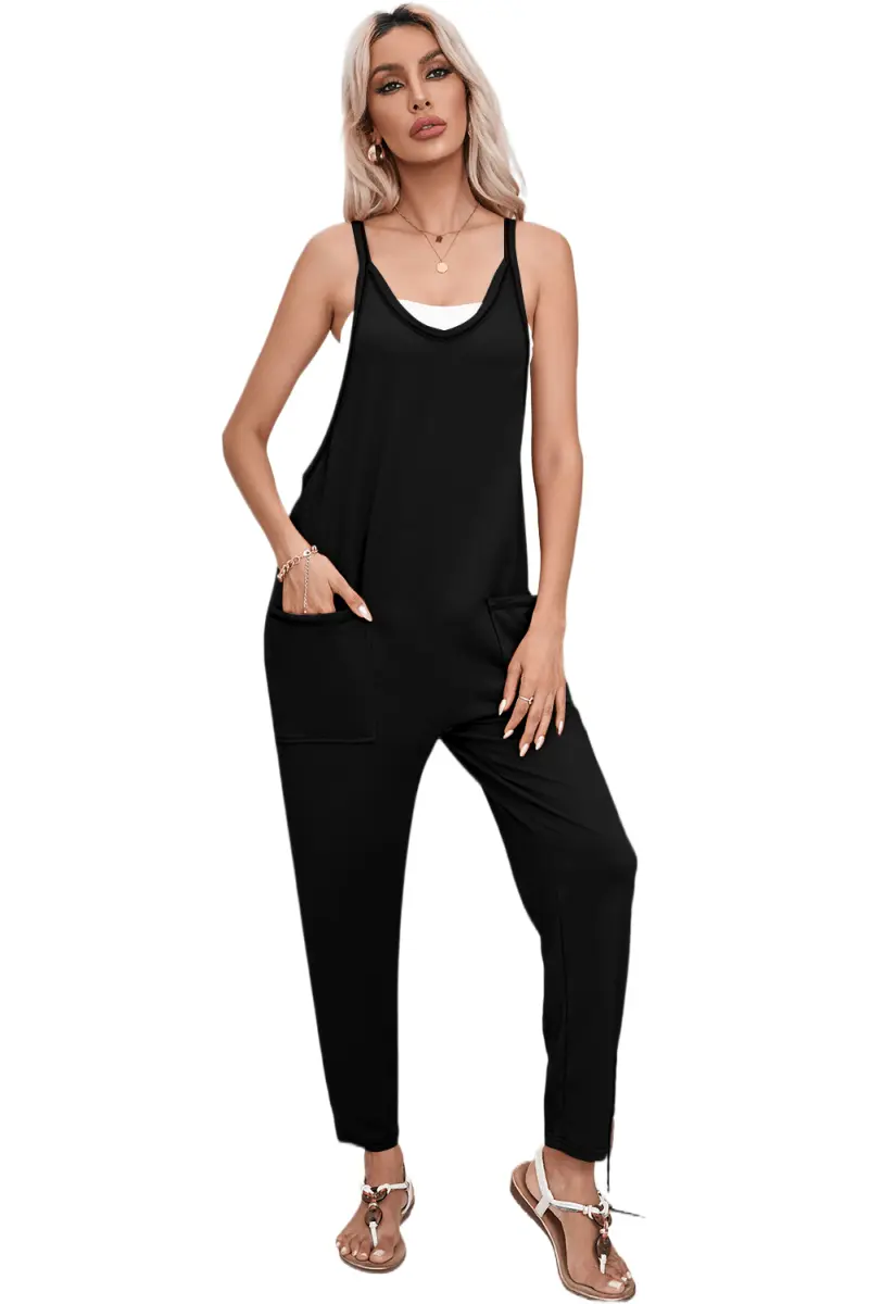 Love Salve Black Harem Jumpsuit Women's Daily Wear Romper: Side Pockets, V-Neck