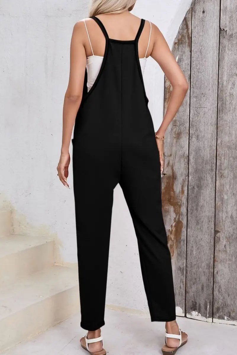 Love Salve Black Harem Jumpsuit Women's Daily Wear Romper: Side Pockets, V-Neck