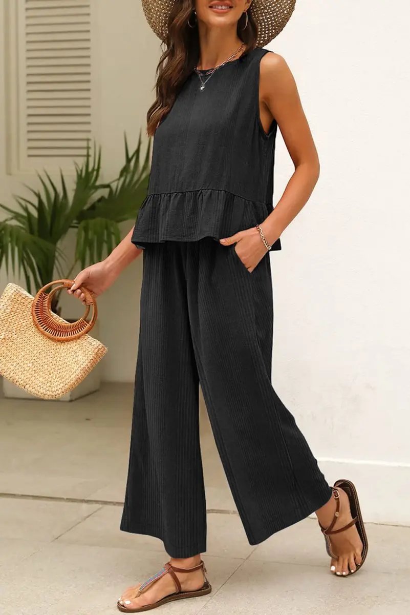 Love Salve Black Ribbed Set Women's Daily Wear Tank Top & Pants Set: Ruffle Trim, Casual