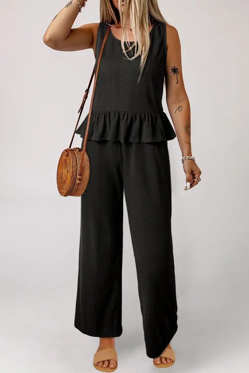 Love Salve Black Ribbed Set Women's Daily Wear Tank Top & Pants Set: Ruffle Trim, Casual
