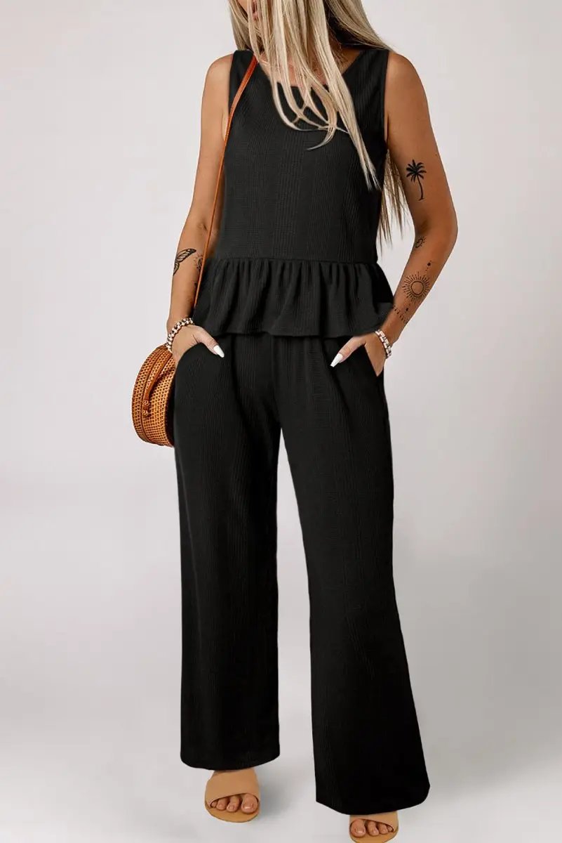 Love Salve Black Ribbed Set Women's Daily Wear Tank Top & Pants Set: Ruffle Trim, Casual