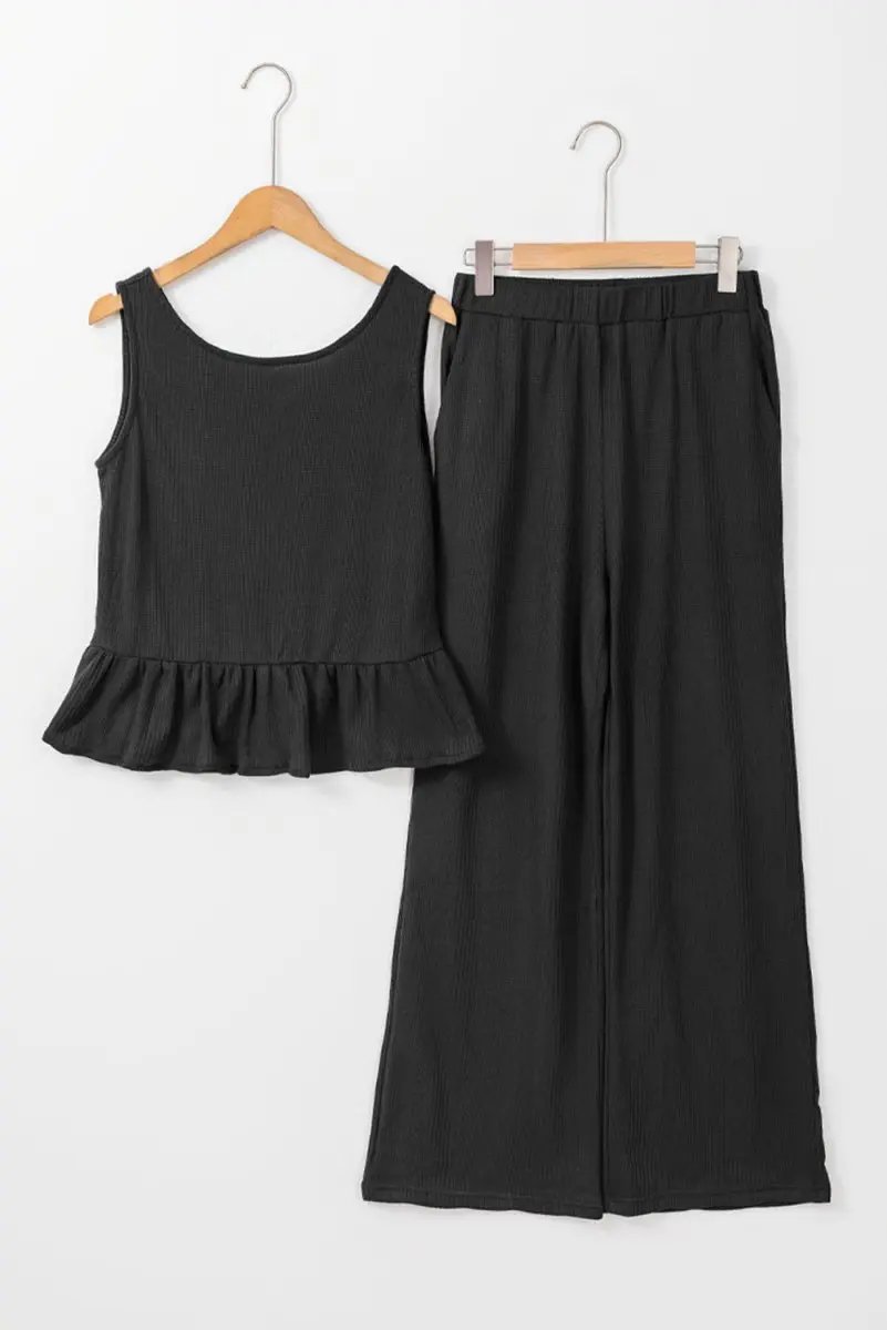 Love Salve Black Ribbed Set Women's Daily Wear Tank Top & Pants Set: Ruffle Trim, Casual