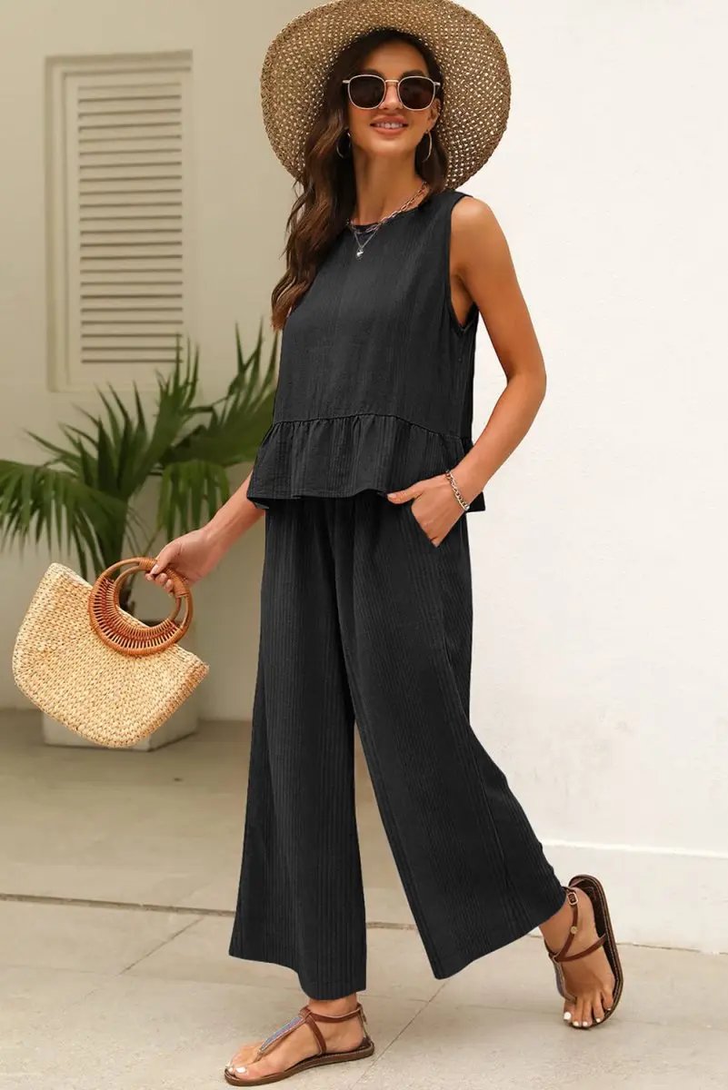 Love Salve Black Ribbed Set Women's Daily Wear Tank Top & Pants Set: Ruffle Trim, Casual