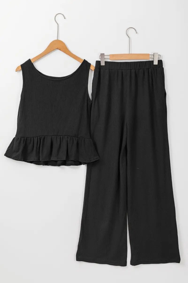 Love Salve Black Ribbed Set Women's Daily Wear Tank Top & Pants Set: Ruffle Trim, Casual