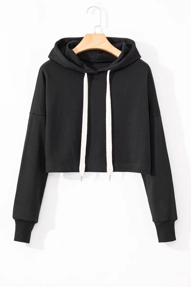 Love Salve Black Cropped Hoodie Women's Daily Casual Drawstring Winter Top