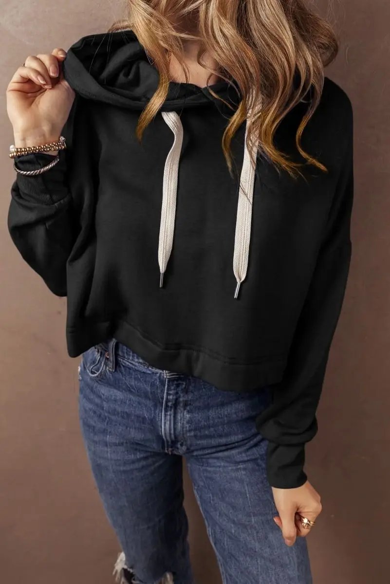 Love Salve Black Cropped Hoodie Women's Daily Casual Drawstring Winter Top