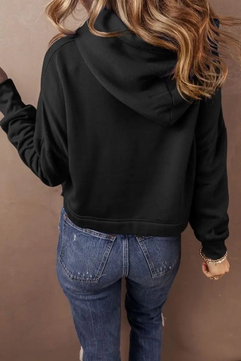 Love Salve Black Cropped Hoodie Women's Daily Casual Drawstring Winter Top