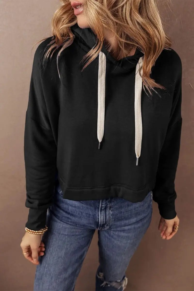 Love Salve Black Cropped Hoodie Women's Daily Casual Drawstring Winter Top