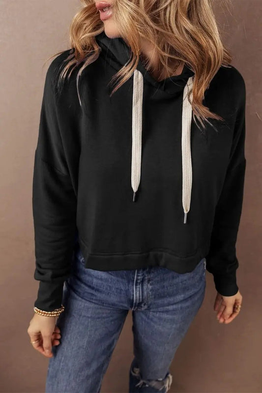 Love Salve Black Cropped Hoodie Women's Daily Casual Drawstring Winter Top