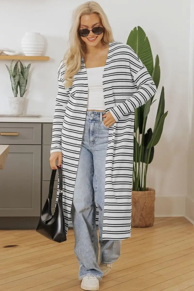 Love Salve Black Striped Duster Women's Casual Cardigan: Textured Fabric, Fall Style