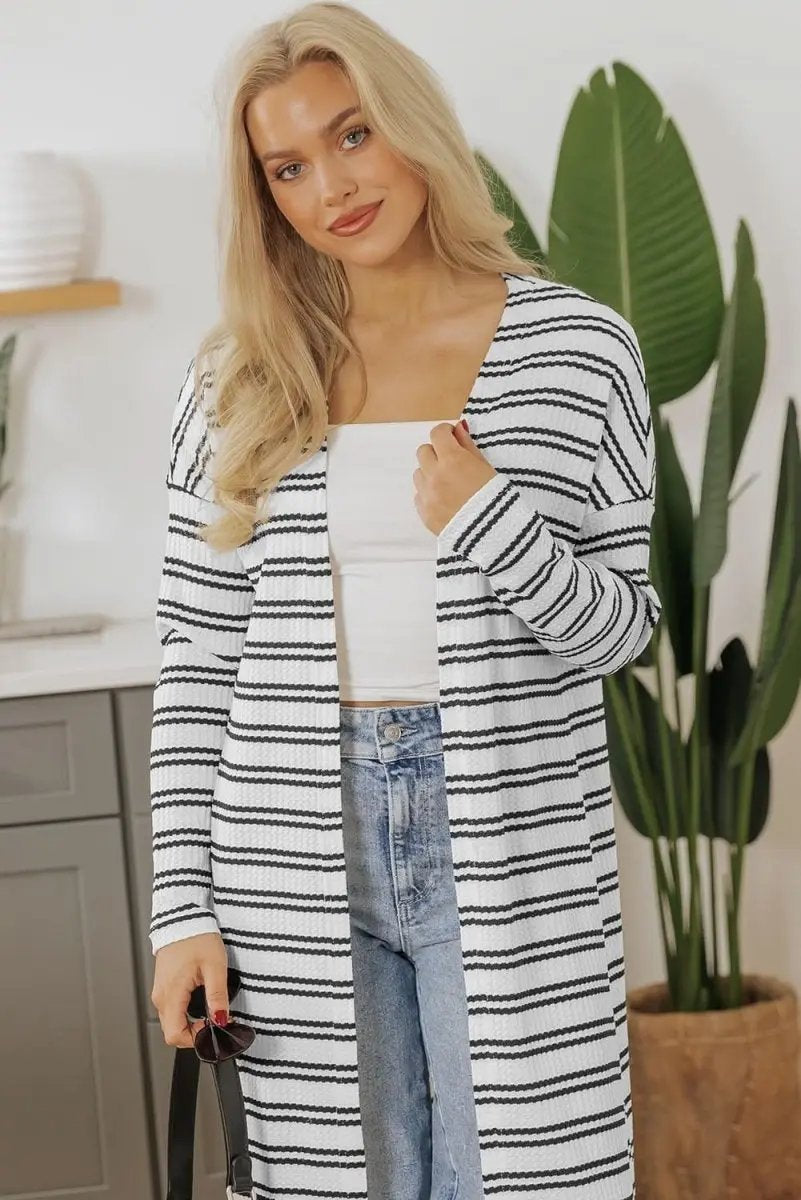 Love Salve Black Striped Duster Women's Casual Cardigan: Textured Fabric, Fall Style