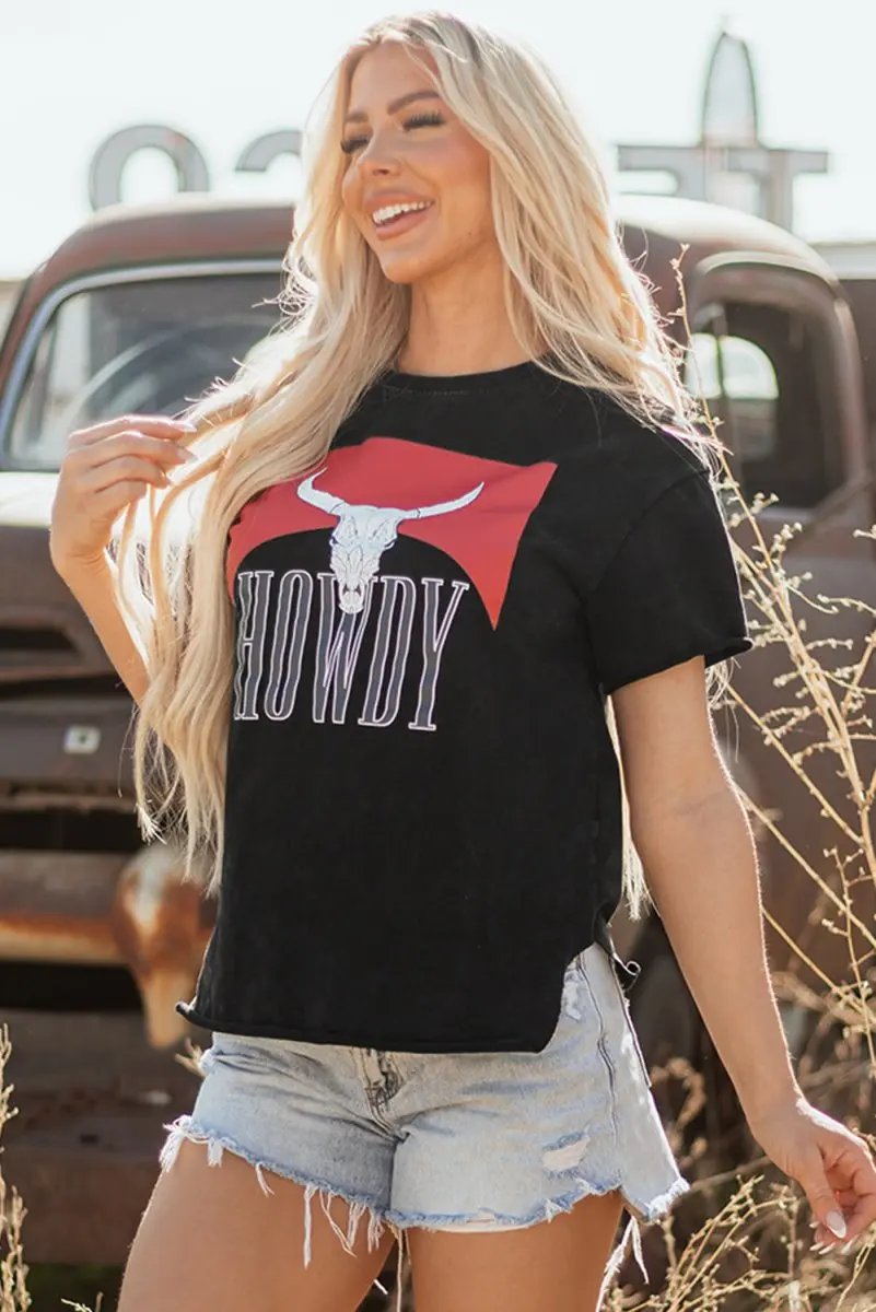 Love Salve Black Western Graphic Women's Tee Casual Top Side Slits Soft