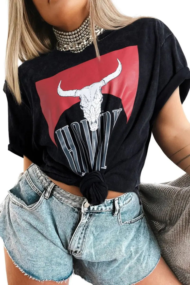 Love Salve Black Western Graphic Women's Tee Casual Top Side Slits Soft