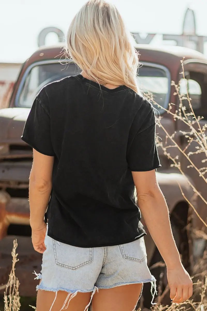 Love Salve Black Western Graphic Women's Tee Casual Top Side Slits Soft