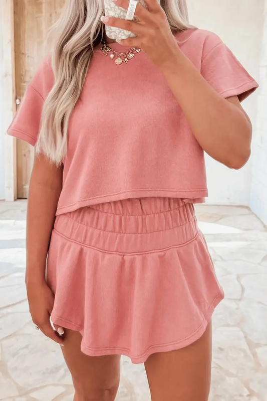 Love Salve Pink Skort Set Women's Daily Wear Outfit Casual, Cropped Tee & Ruffle Skort, Summer Ready
