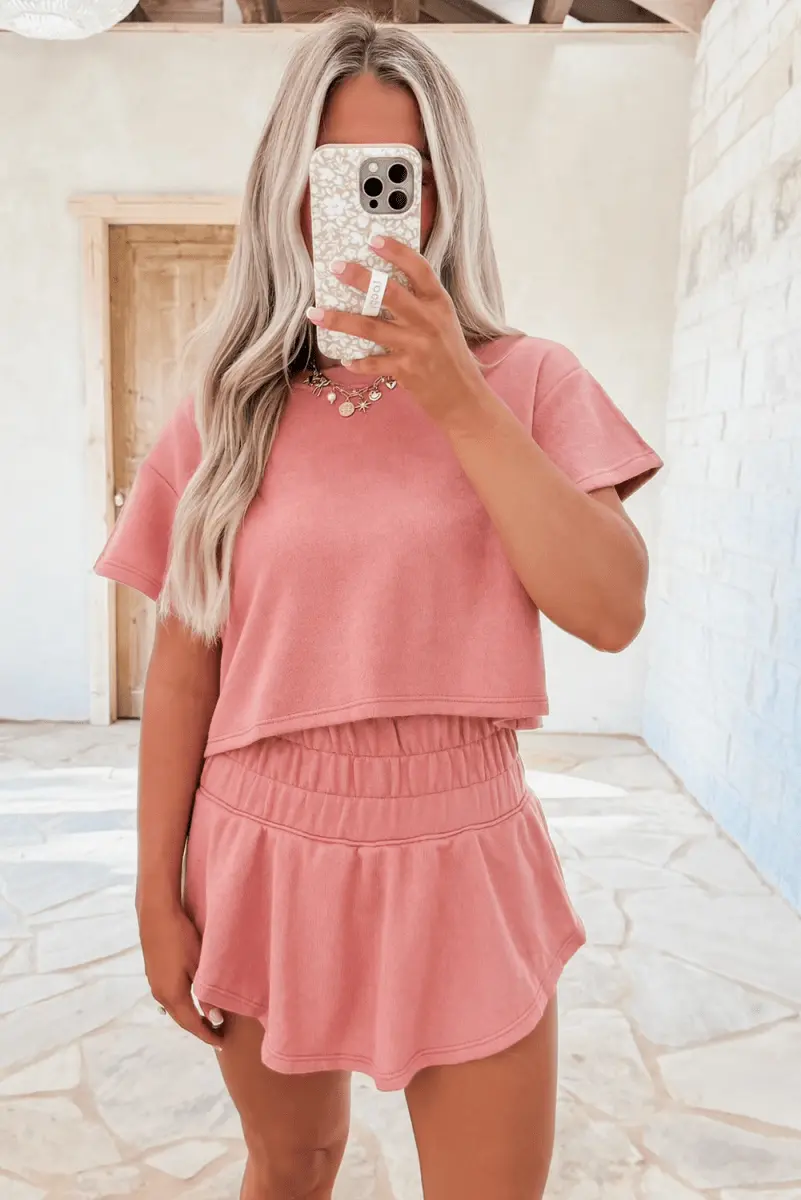 Love Salve Pink Skort Set Women's Daily Wear Outfit Casual, Cropped Tee & Ruffle Skort, Summer Ready