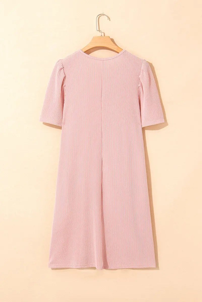 Love Salve Pink Corded Knit Dress Women's Daily Mini Dress Puff Sleeve Casual