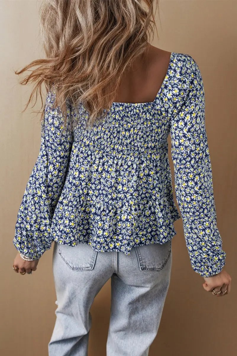Love Salve Blue Floral Blouse Women's Daily Smocked Top: Spring Southern Belle Style
