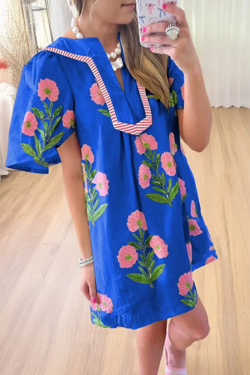 Mini Dress - Blue Floral Short Sleeve - Southern Belle Style