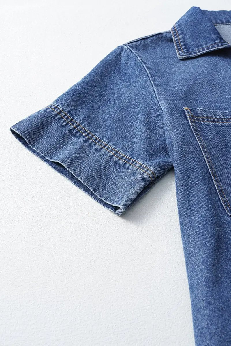 Denim Mini Dress - Collared Short Sleeve - Casual Patched Pocket