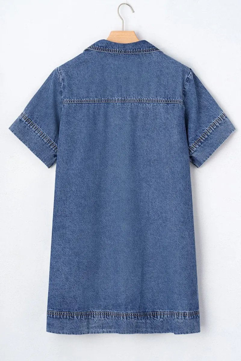Denim Mini Dress - Collared Short Sleeve - Casual Patched Pocket