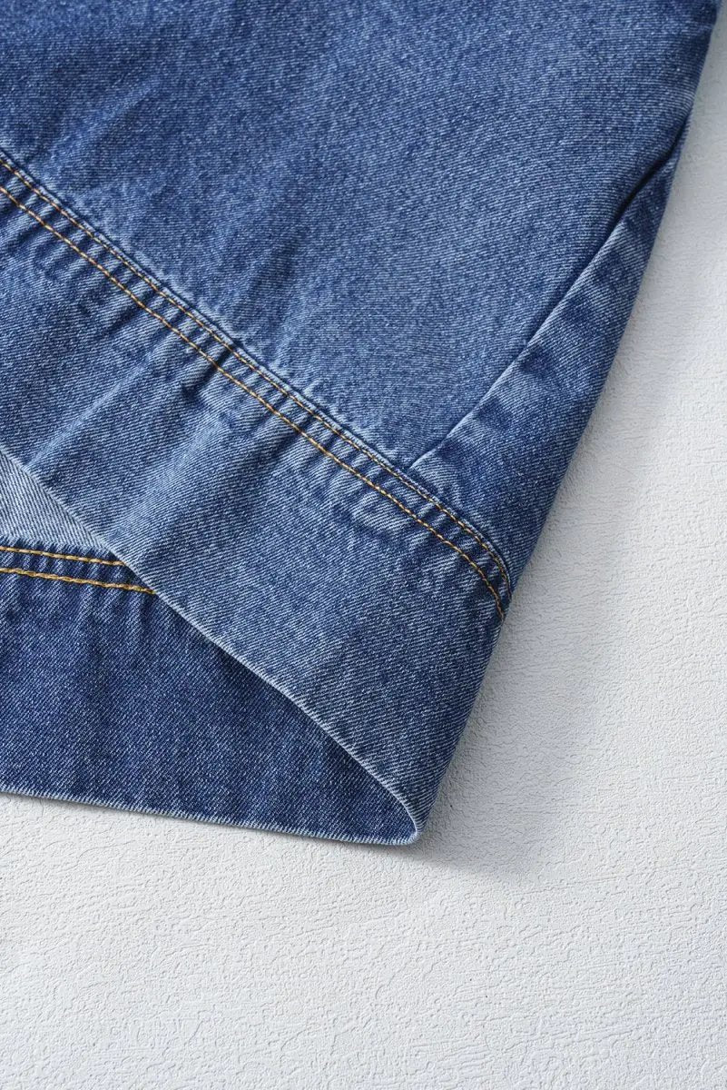 Denim Mini Dress - Collared Short Sleeve - Casual Patched Pocket