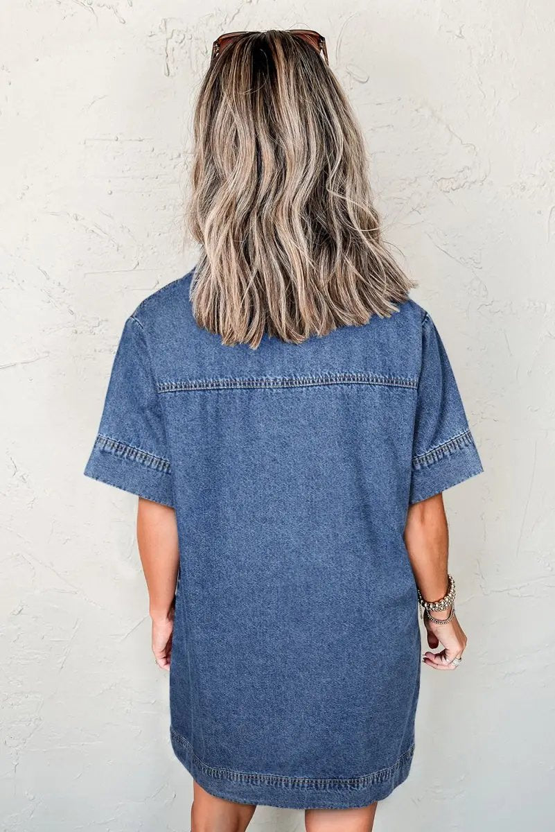 Denim Mini Dress - Collared Short Sleeve - Casual Patched Pocket