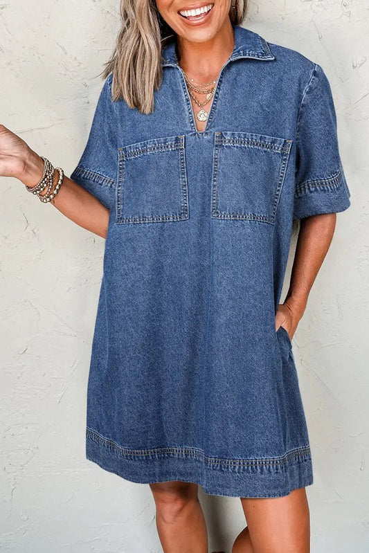 Denim Mini Dress - Collared Short Sleeve - Casual Patched Pocket