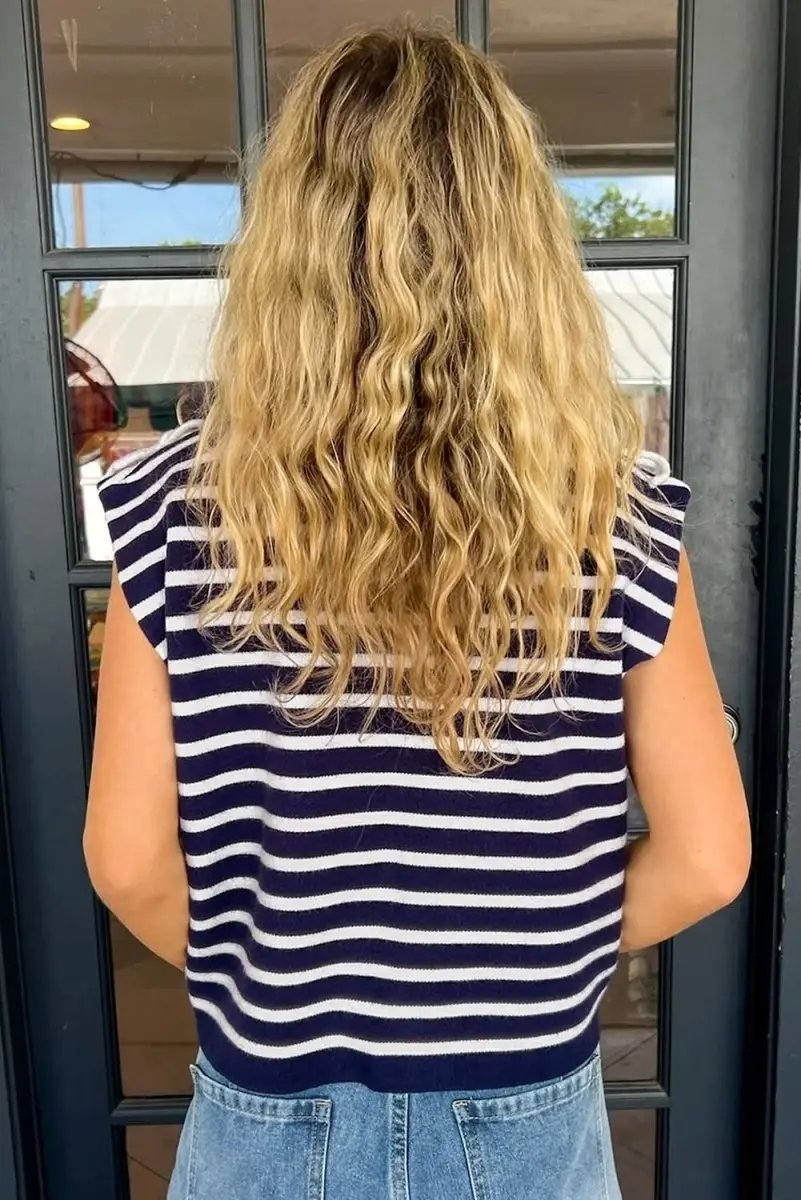 Love Salve Blue Stripe Knit Women's Sweater Vest Daily Wear Southern Belle Style Sleeveless Top