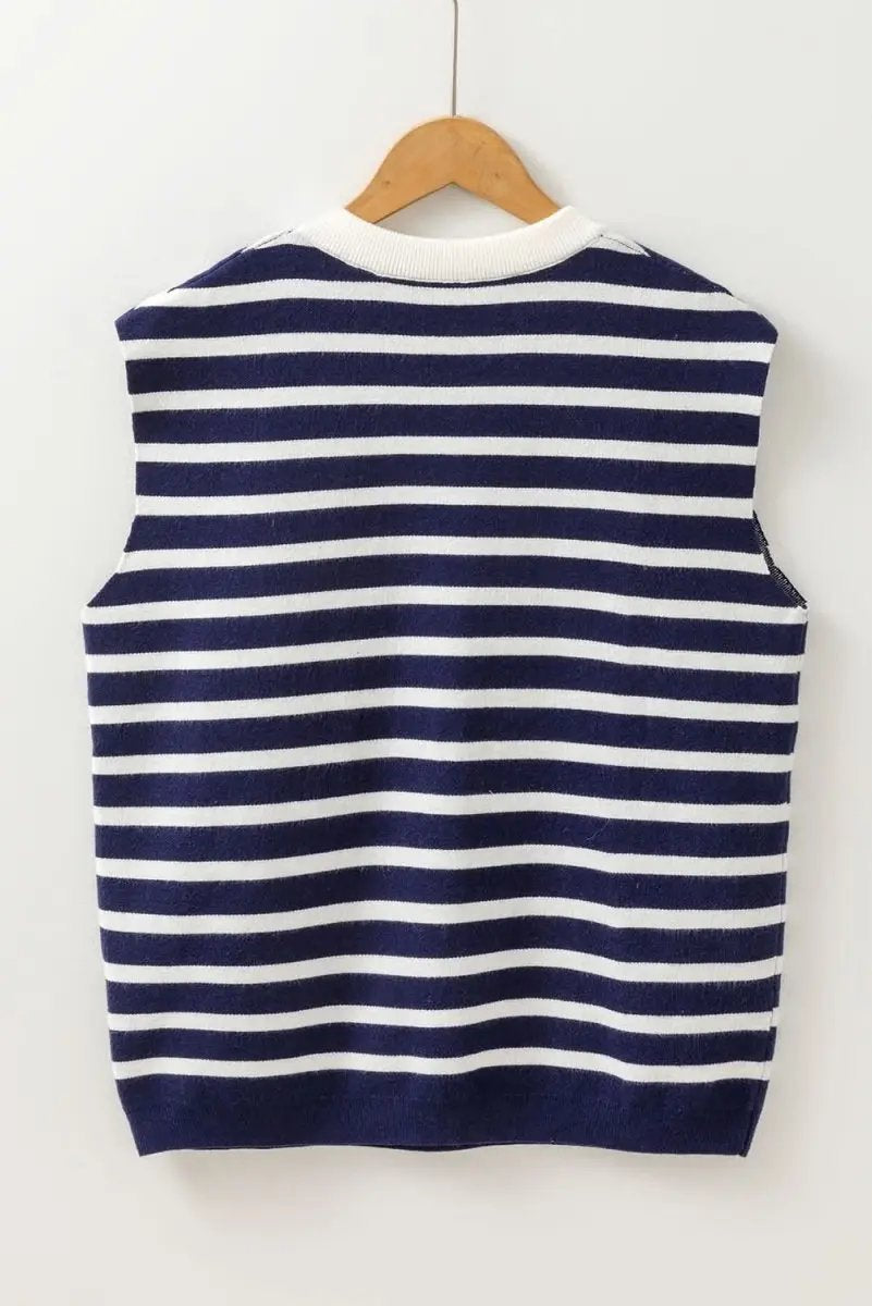 Love Salve Blue Stripe Knit Women's Sweater Vest Daily Wear Southern Belle Style Sleeveless Top