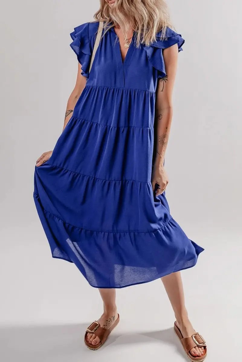 Love Salve Blue Midi Dress Women's Daily Casual Summer Ruffle Sleeve V Neck